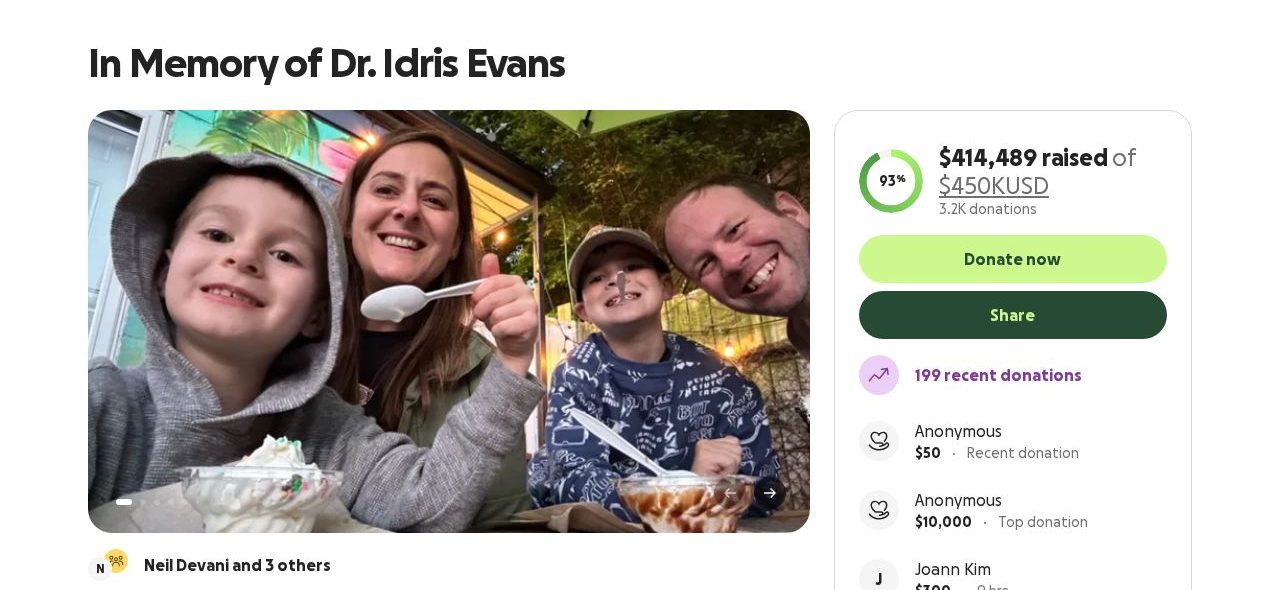 Screenshot of the In Memory of Dr. Idris Evans campaign page on GoFundMe