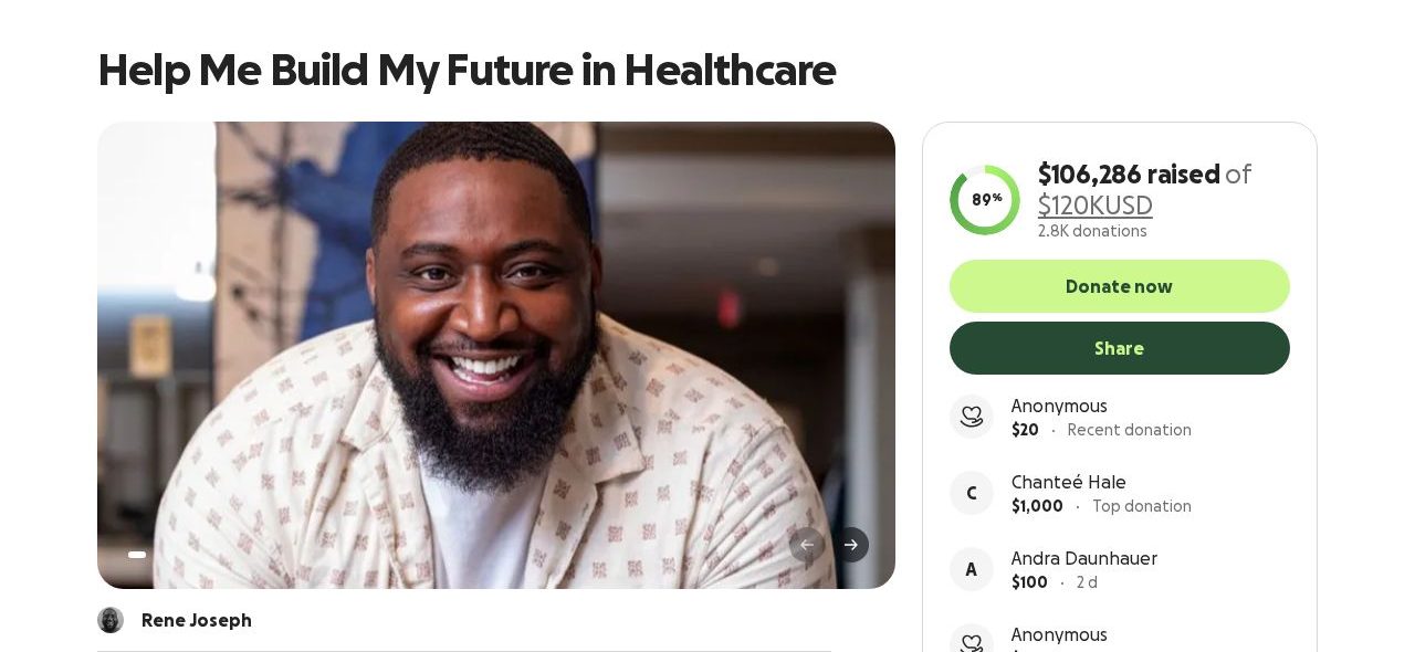 Screenshot of the Help Me Build My Future in Healthcare campaign page on GoFundMe